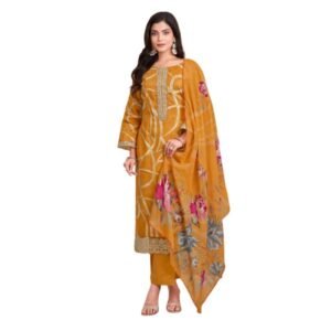 Elegant Mustard Floral Embroidered Cotton Suit Set with Dupatta